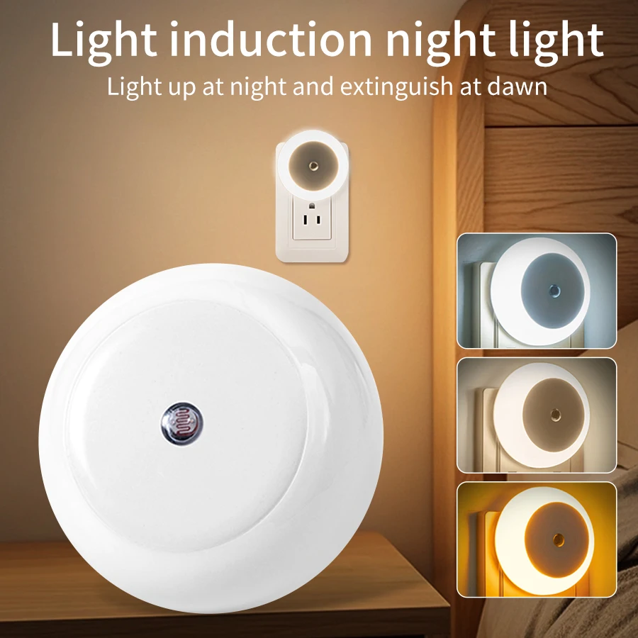 Round LED Night Light with Light Sensor 110-240V US/EU Plug Wall-Mounted Lamp for Bedroom Closet Kitchen Hallway Stairs Washroom