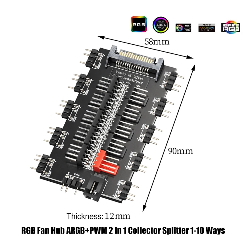 RGB 팬 허브 ARGB PWM 컬렉터 2 in 1 분배기, 2X 10방향 M/B 5V AURA SYNC, SATA 전원 커넥터
