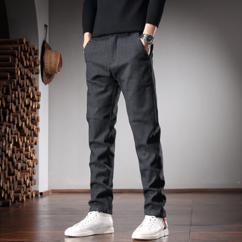 Autumn Striped Pants Men Korean Style Social Casual Gray Black Slim Fit Straight Suit Trousers