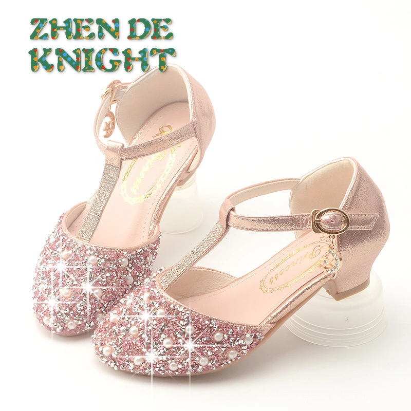 Zapatos de tacón alto de cuero para niña, calzado de princesa con lentejuelas y perlas, sandalias de punta redonda plateadas y para baile, primavera y otoño| | - AliExpress