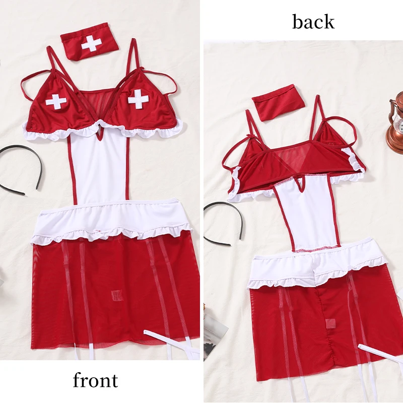 Sexy Nurse Lingerie Costume Cosplay Suit Womens Sexy Underwear Lingerie Costume Red & White G-String Bodysuit