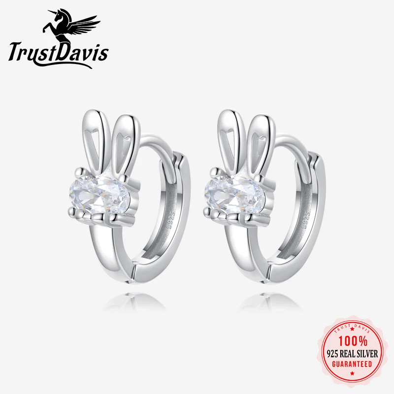 TrustDavis Girls 925 Sterling Silver Cute Rabbit CZ Tiny Hoop Earrings Girls Wedding Party Jewelry DS3930