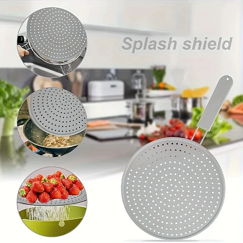 Silicone Kitchen Splatter Screen with Handle Heat-resisting Oil Splash Guard Drain Board Cover Kitchen Frying Pan Lid