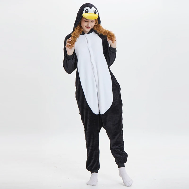 Animal Black Penguin Cosplay Costume Flannel Hooded One Piece Pajamas Set Christmas Anime Adult Kigurumi Women Men Onesie Pyjama