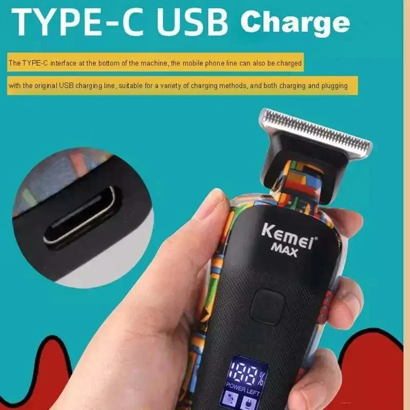 Hair Clipper Kemei Max5090 Electric Hair Clippers Rechargeable Hair Trimmer Printing Graffiti Razor Type-C USB charging Barber Household