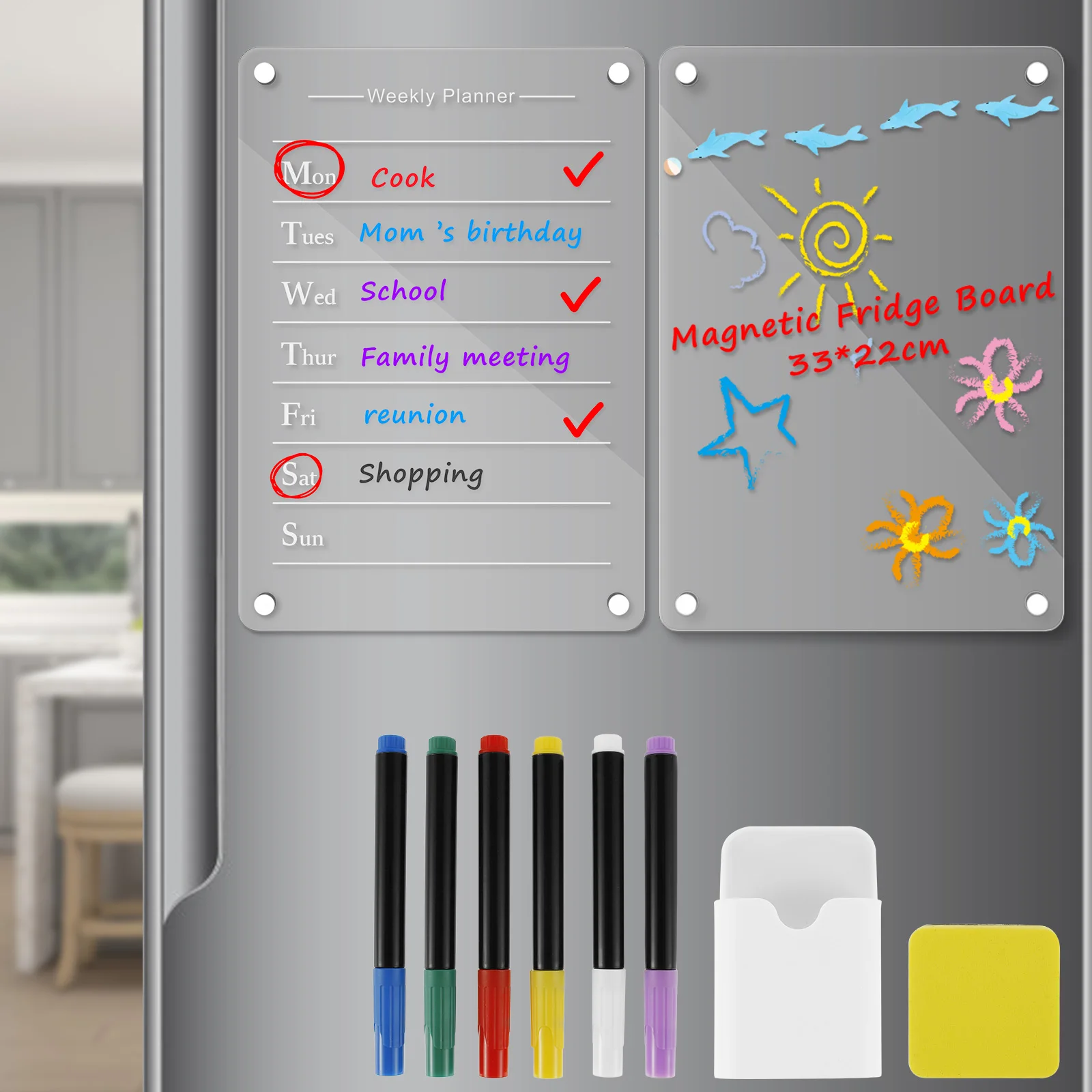 

2Pcs Acrylic Magnetic Calendar Set Transparent Planning Board Dry Erase Calendar with 6 Marker Pens Pen Holder Eraser Reusable