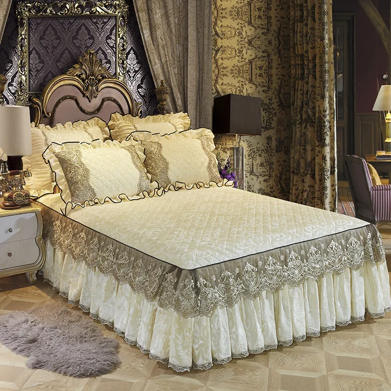 

European Lace Bed Skirt Solid Color Thickened Bed Cover Crystal Velvet King Queen Size Bed Spreads Home Textiles