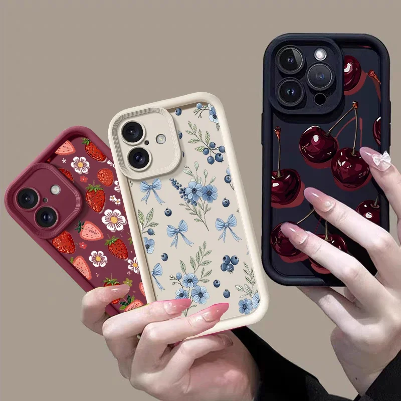 Matte Soft Silicone Strawberry Cherry Fruit Phone Case