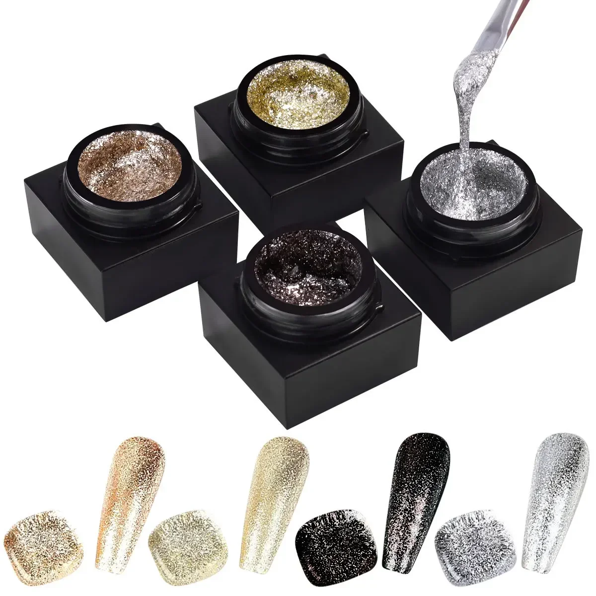 Nail Polish 4 Colors Reflective Gel Nail Polish UV Gel Gold Silver Black Nail Art Lasting Shiny 5ml Platinum Glitter Polish Varnish Set