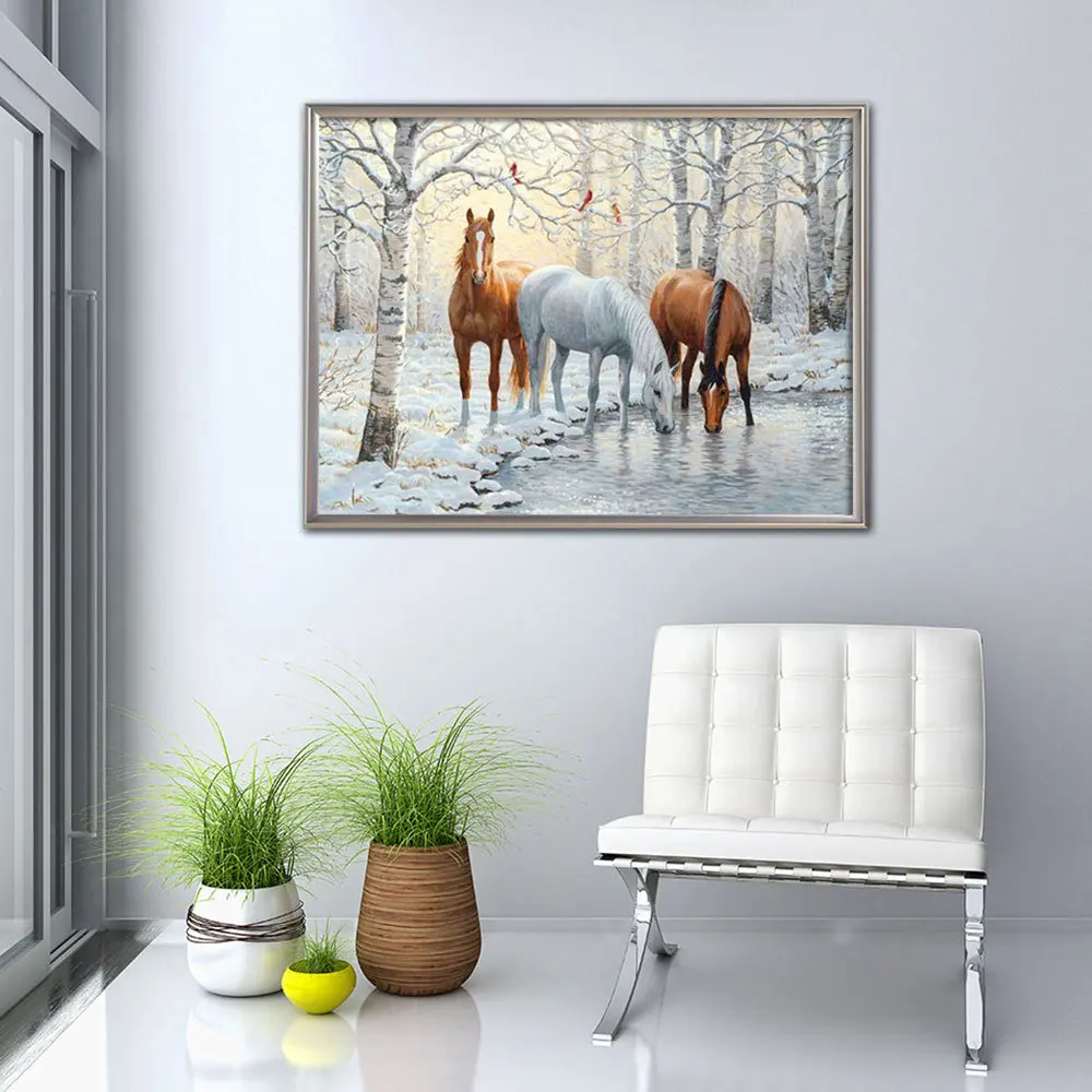 Winter Diamond Painting Horse Full Square Round Mosaic Animal Embroidery Complete Kit Picture Of Rhinestones Wall Decor