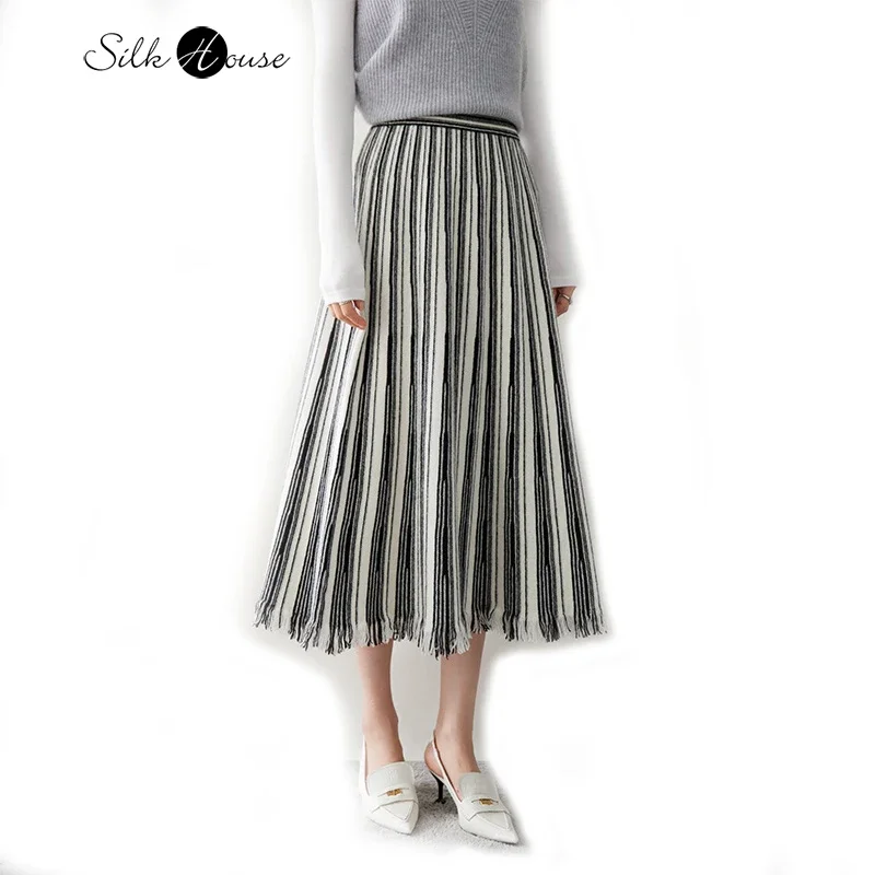 2023 Women's Fashion Autumn and Winter New Cashmere High Waist Umbrella Skirt Vintage Tassel Knitted Loose Abstract Stripe Skirt abstract art