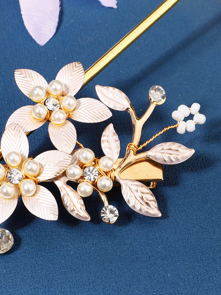 Handgemachte Perle Blume Haars pangen für Frauen Haarnadeln Braut Hochzeit Haarschmuck Kristall Gold Farbe Braut Kopf bedeckung Geschenk – Detail 6
