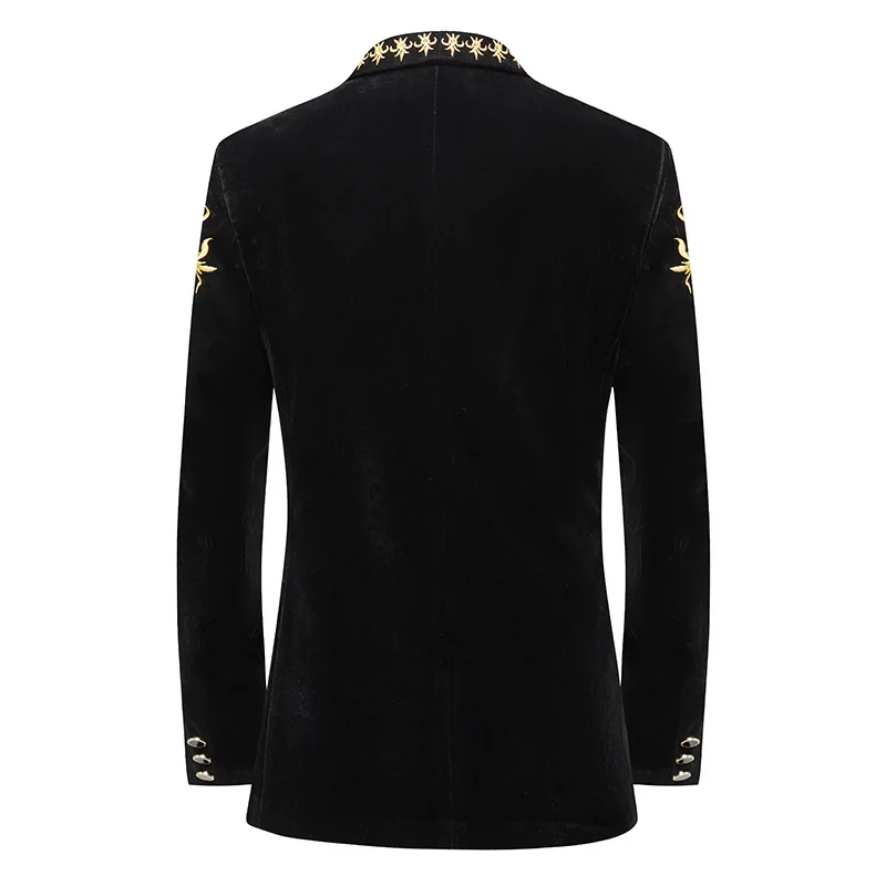 Luxury Velvet Men Suit Jacket Gold Baroque Floral Embroidery  Single Button Wedding Dress Dinner Party Singer Black Blazers Coat