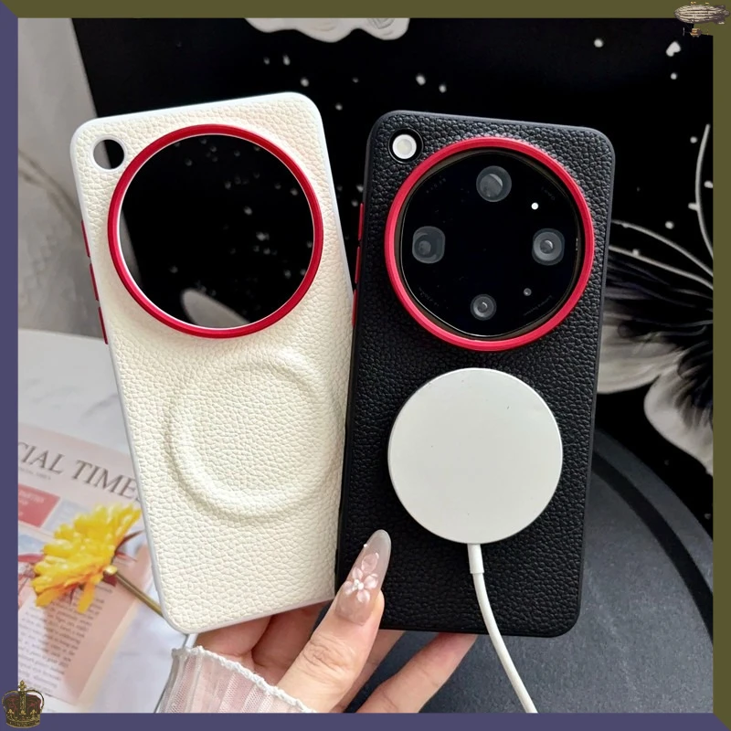 Luxury Magnetic Lychee Pattern PU Leather Non-Slip Phone Case with Metal Camera Frame