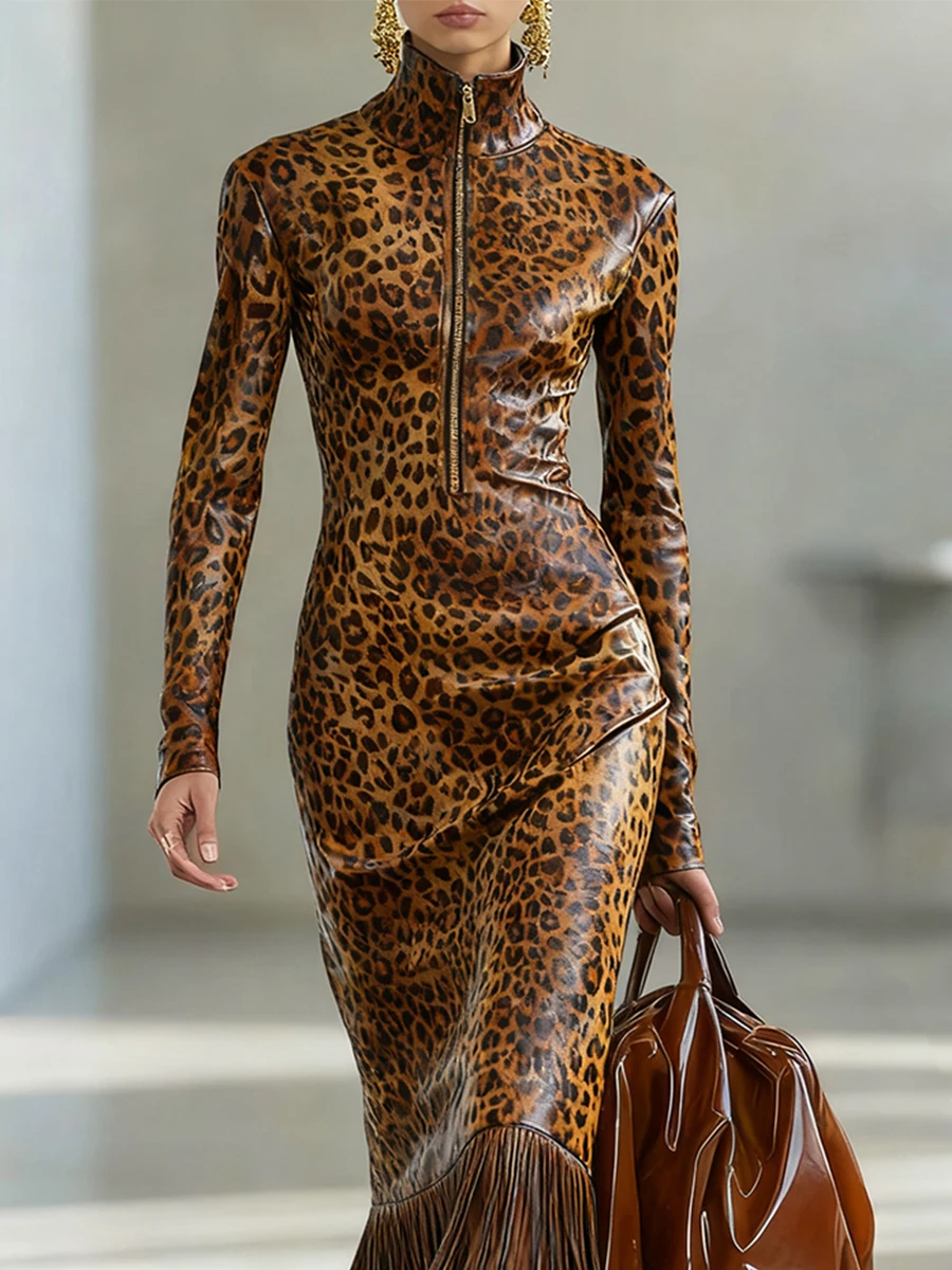 Leopard Print PU Leather Long Dress for Women Long Sleeves High Neck Fringe Hem Zipper Dress Elegant Autumn Bodycon Dresses