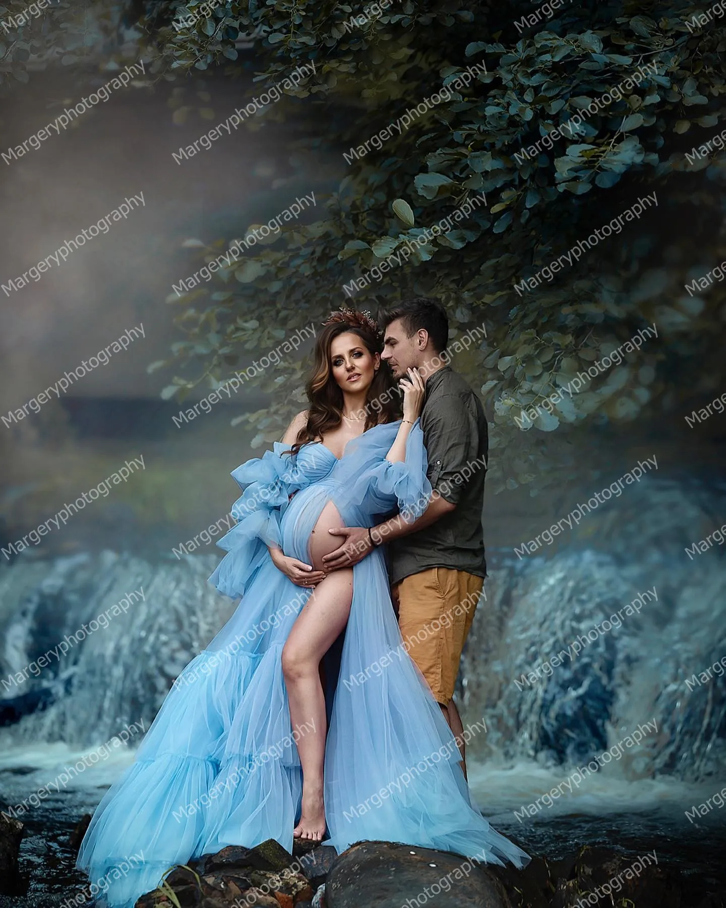 Sky Blue Tulle A line Pageant Women Dress Pretty Puff Sleeves Slit Mesh Maternity Dresses For Photo-shoot Long Maternity Gowns