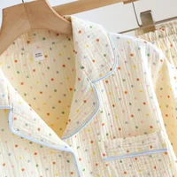 2026 New Summer Women's Pajama Set 100% Cotton Crepe Short Sleeve+Shorts+Pants 3-Piece Pajama Women's Cardigan Home Clothes - Image 4