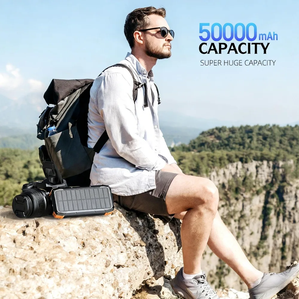 Power Bank Solare a Manovella 50000mAh, Batteria Esterna Portatile di Emergenza, 4 Cavi, Bussola e Luce Radio SOS, Ideale per Campeggio - Image 6