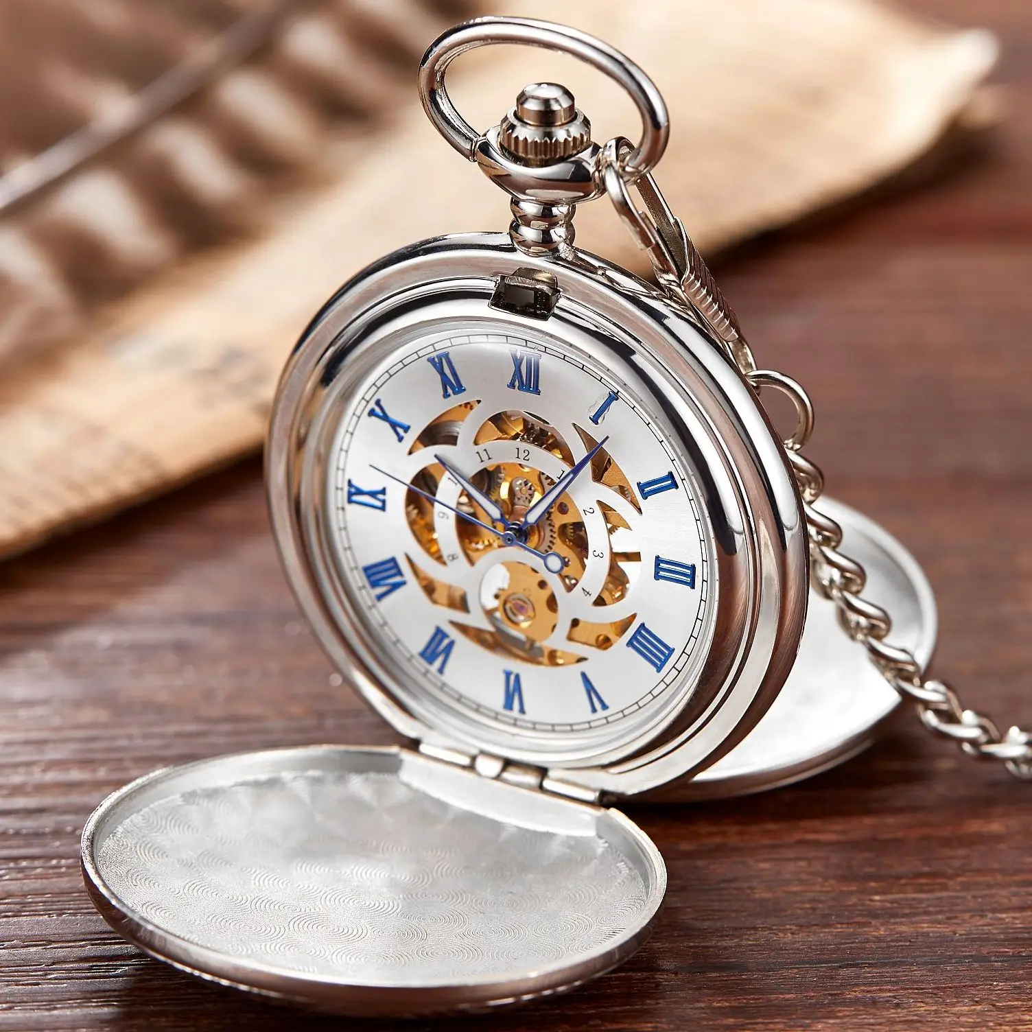 UniqueBlackSilverPocketWatchMechanicalHandwindingFobWatch