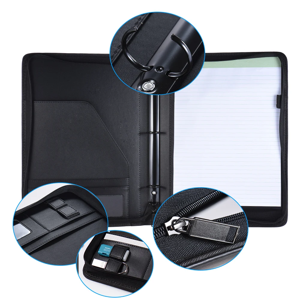 Multifunctional A4 Document Case PU Leather Zippered Loose-leaf Loop Business Card Holder Memo Note Pad
