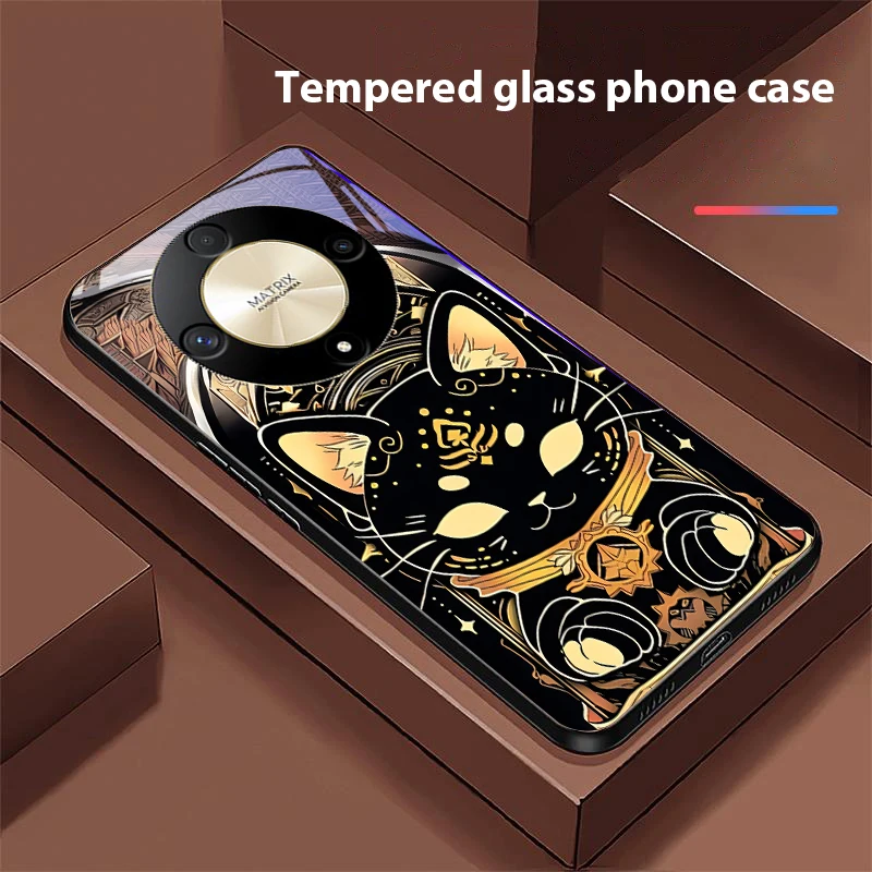 Black Gold Cat Design Tempered Glass Phone Case