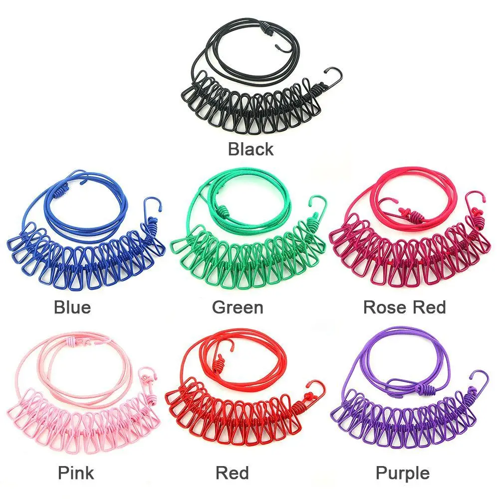 1Pcs New With 12 Clips Clothing Clothesline Retractable Windproof Cloth Hanging Line Portable Elastic Drying Rack For Outdoor 6