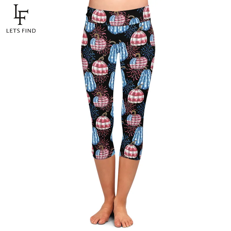 LETSFIND Summer New High Quaility 3D American Flags Print Women Capri Leggings High Waist  Fitness Elastic Leggings