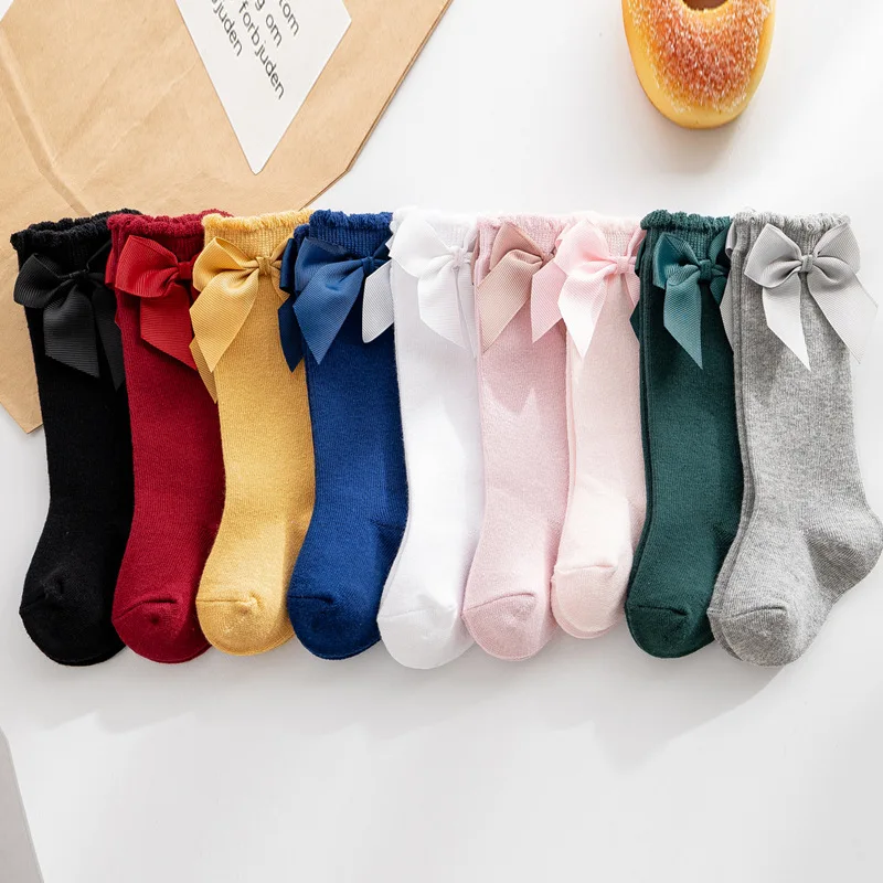 1 Pair Girls Solid Socks With Bows 100% Cotton Baby Children Sock Soft Toddlers Long Socks Kids Princess Knee High Socken 0-7yrs 3