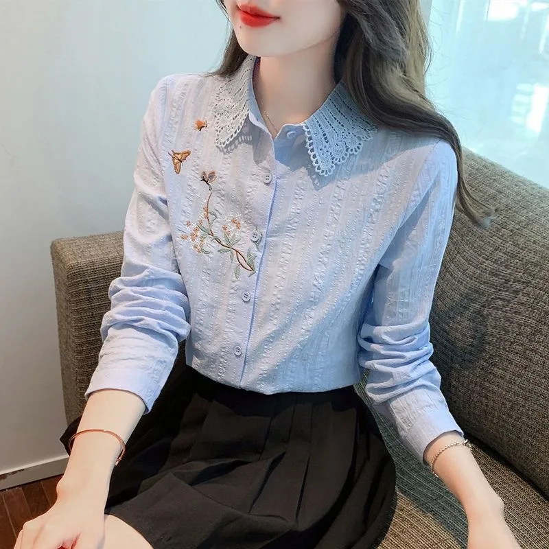 자수 여성 봄 가을 블라우스 셔츠 레이디 캐주얼 긴 소매 턴 다운 칼라 솔리드 컬러 블라우스 탑 DF4775