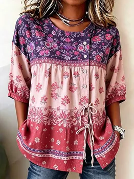 Women's Boho Floral Colorblock Drawstring Button Up Blouse, Casual Round Neck Tops for Spring Summer Daily Vacation Wear