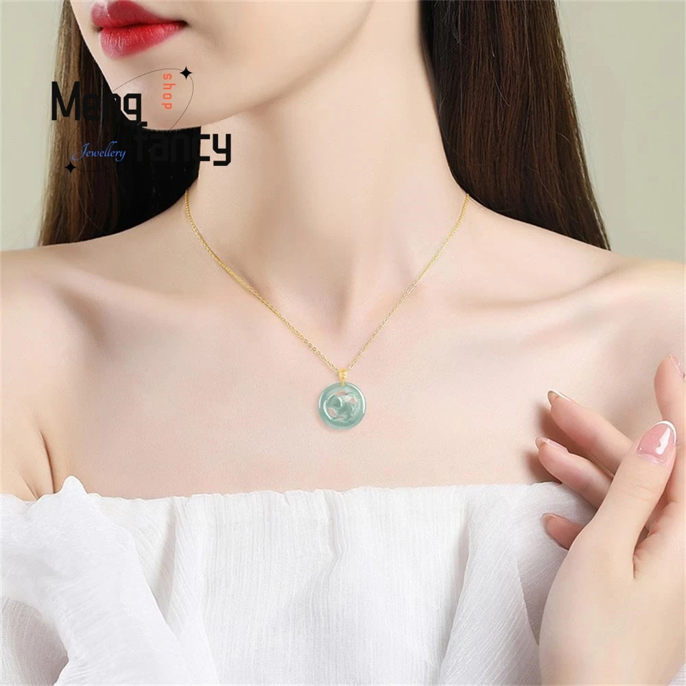 Natural A-goods Jadeite Blue Water Zodiac Rabbit Pendant 18K Gold Inlaid Ice Jade Cute Female Models Exquisite Fashion Jewelry