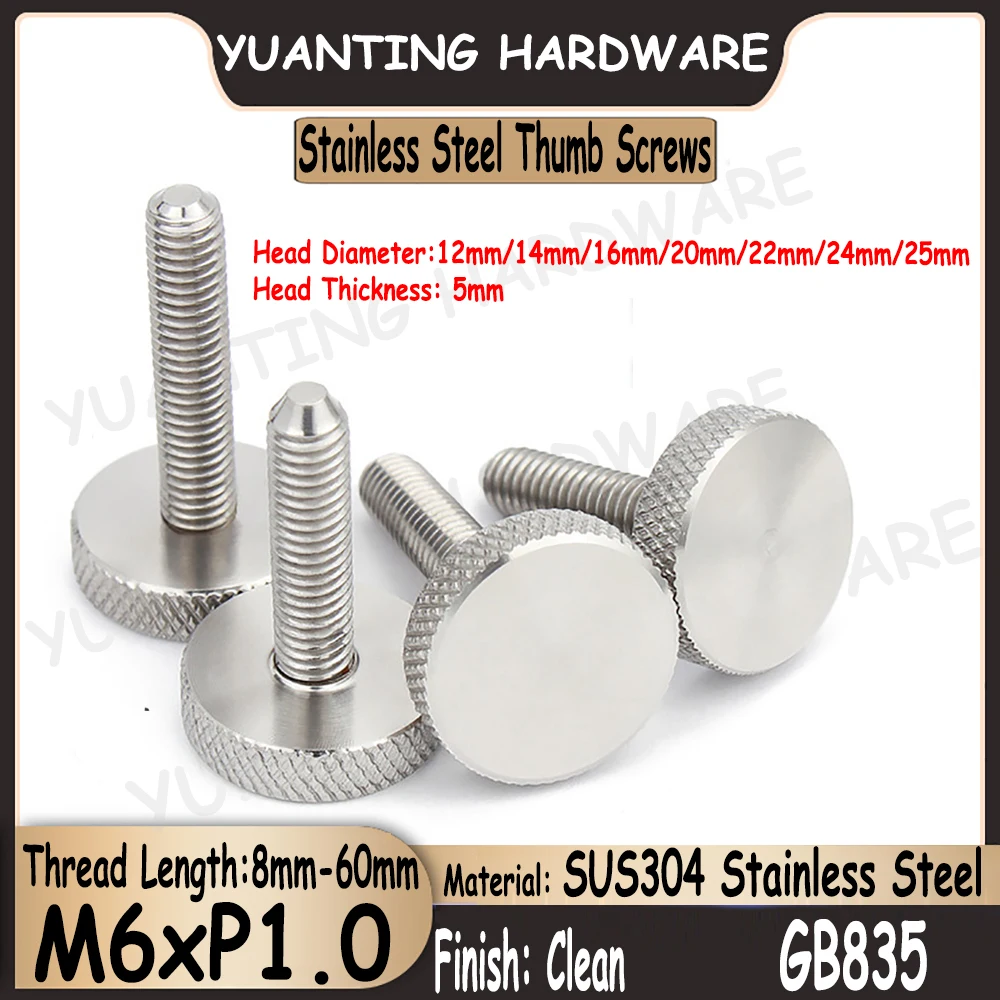 

3Pcs-10Pcs M6 GB835 DIN653 SUS304 Stainless Steel Hatching Knurled Thumb Screw Flat Head Curtain Wall Glass Hand Tighten Bolts