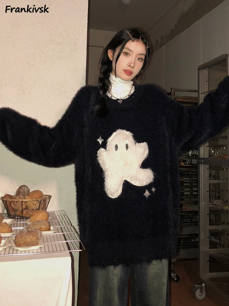 

Cute Sweaters Women Fluffy Autumn Winter Spliced Streetwear American Style Retro O-neck New Long Sleeve Classic Prevalent