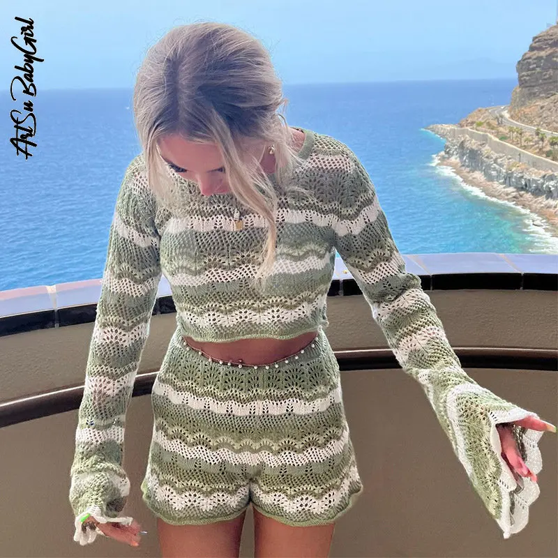 

Hollow Out Two Piece Set Women Outfits High Waist Shorts Long Sleeve Top Sweater Y2k Streetwear Knitted Shorts Set Matching Sets