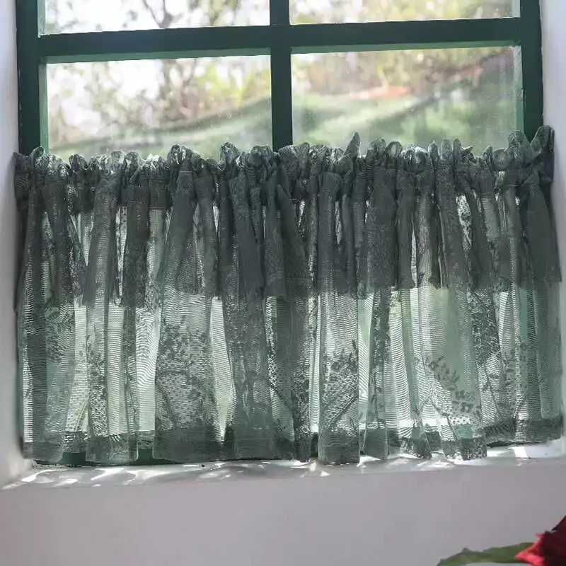 Korean/Japanese Double Pleated Dark Green Lace Short Curtains Korea Pastoral Geometric Half Curtains for Kitchen Valance #A585 2