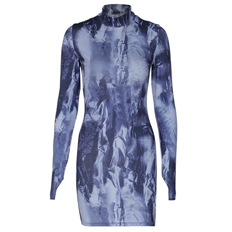 

Womens Tie Dye Dress Long Sleeve Wrap Mock Neck Hip Wrap Bodycon Mini Dresses Sexy Turtleneck Short Dress 10CF