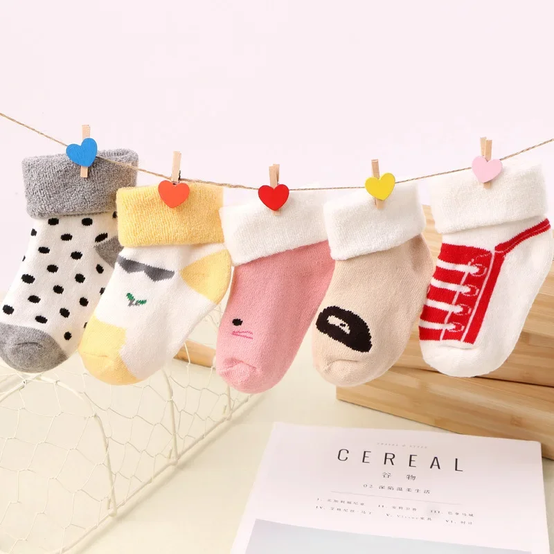 5 Pairs Autumn Winter Warm Strip Baby Sock Cute Cartoon Dot Thick Infant Floor Sock Soft Star Pattern Newborn Toddler Sock Baby & Maternity