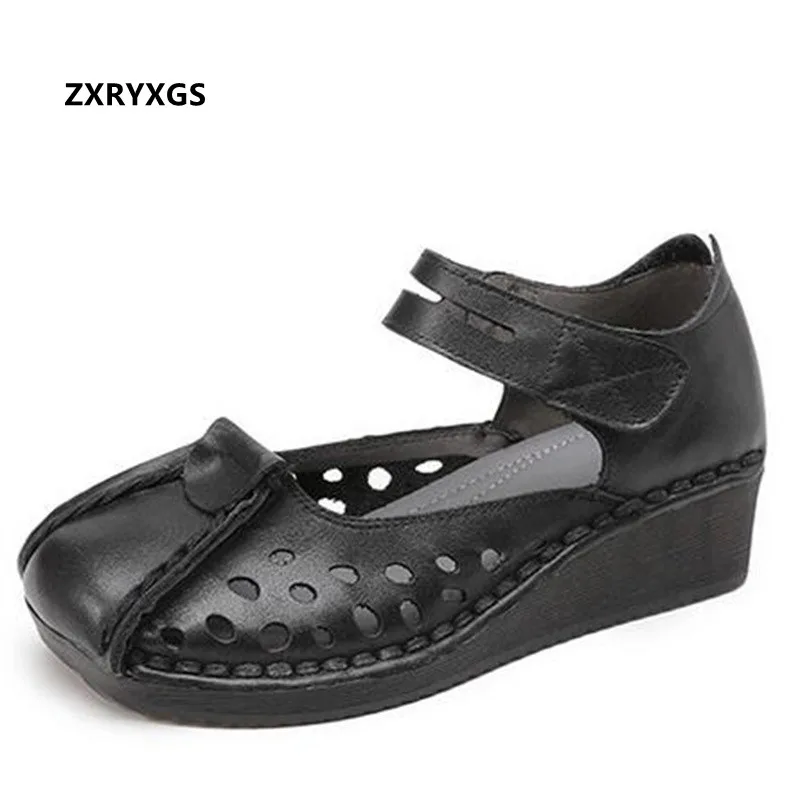 

2022 New Fashion Square Toe Hollow Premium Full Genuine Leather Sandals Roman Shoes Breathable Sandals Flat Wedges Women Sandals