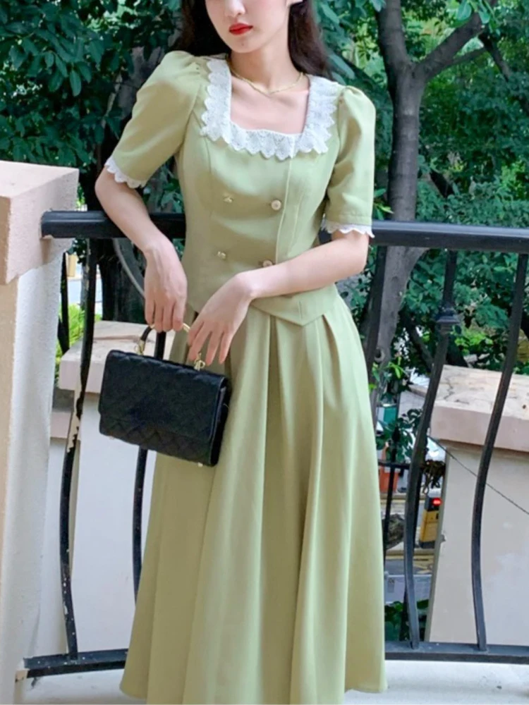 

Женский офисный костюм из двух предметов, однотонная винтажная блузка во французском стиле с повседневной юбкой в Корейском стиле, лето 2023