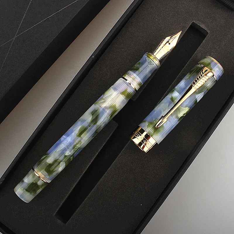 Jinhao 100 Marble Celluloid Fountain Pen 18KGP Medium Nib Writing Gift Ink Pen, deep bath green Nice Pattern with Clip
