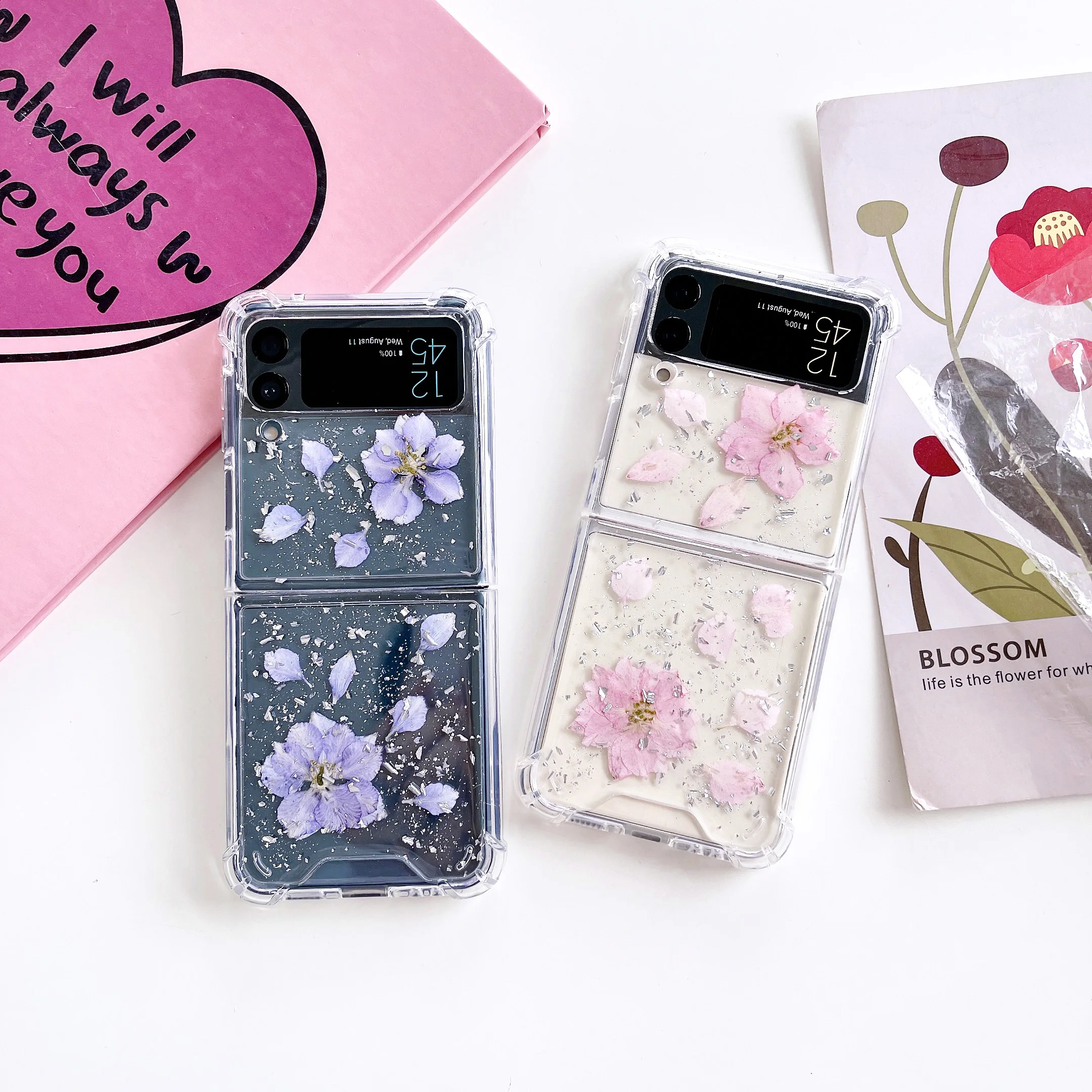 

For Samsung Galaxy Z Flip 4 3 Case Transparent Glitter Real Flower Clear Shockproof Back Cover For Samsung Z Flip4 ZFlip3 Case