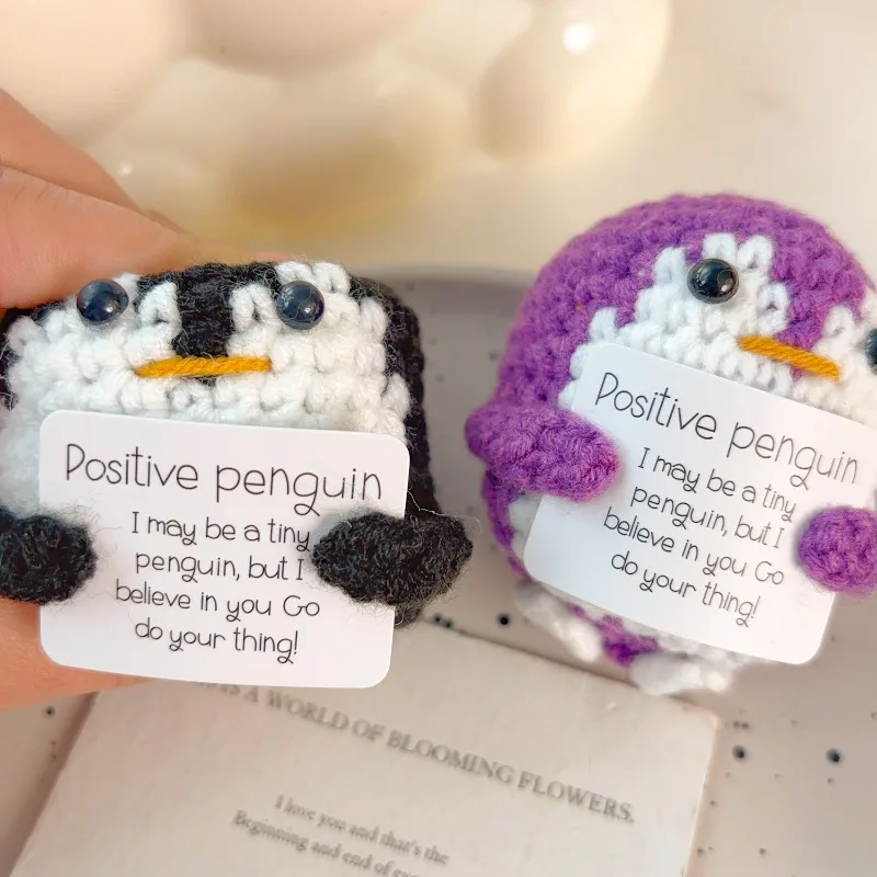 Plush Toy Positive Energy Penguin Hug Pocket Mini Handmade Plush Wool Knitting Doll with Card Funny Birthday Gifts Home Room Decoration
