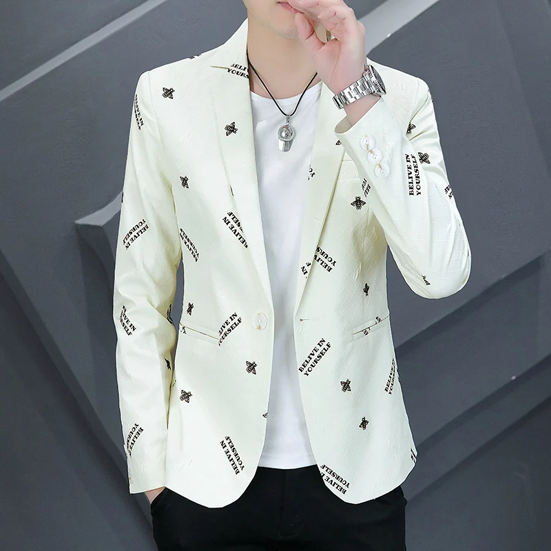 

2023 Spring Bee Letter Print Men Blazers Slim fit Casual Business Suit Jacket High-quality Streetwear Social Blazer Masculino