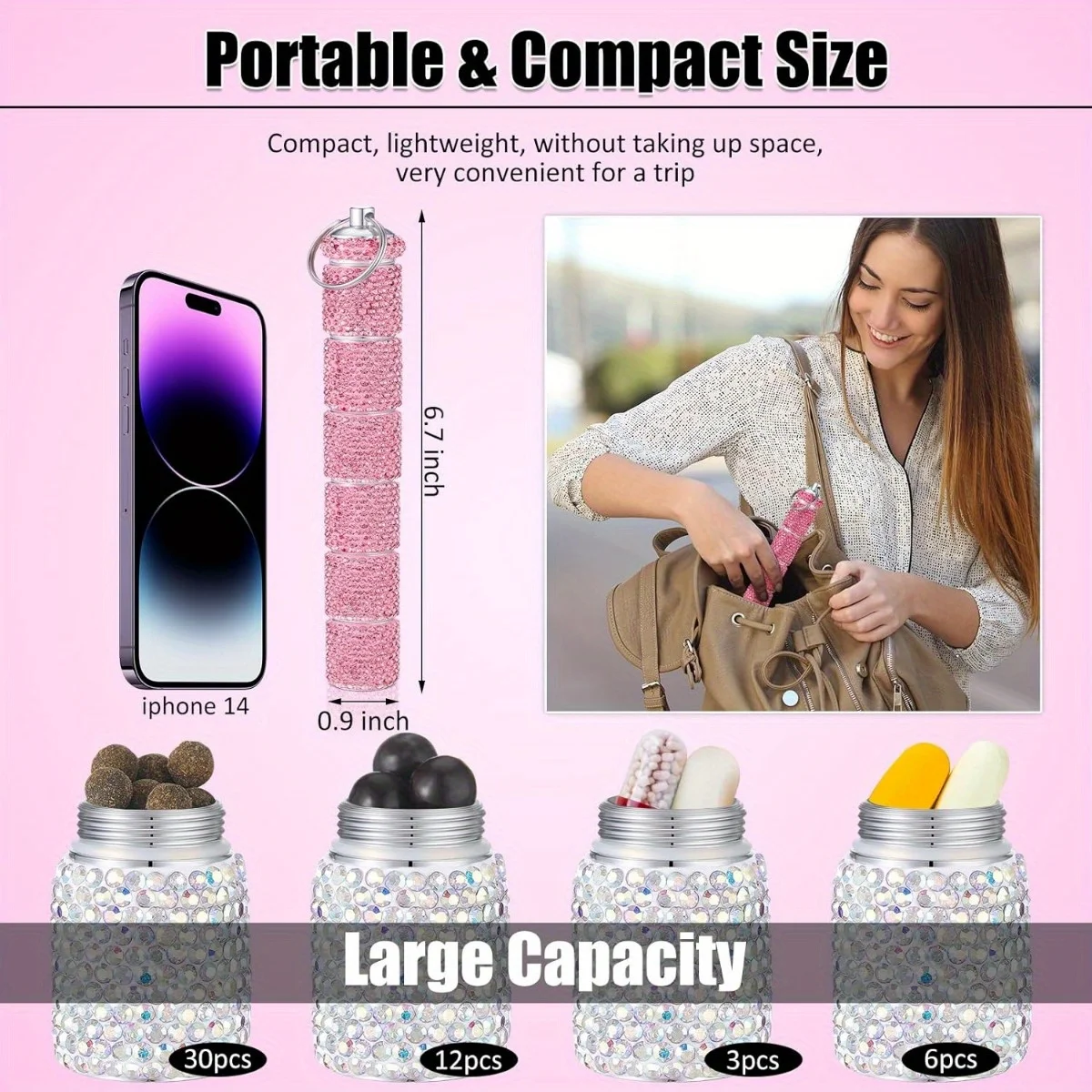 Metal Pill Organizer Portable Waterproof Travel Pill Box Rhinestone Large Bling Pill Case  Pill Box Pill Holder Bottle Storage