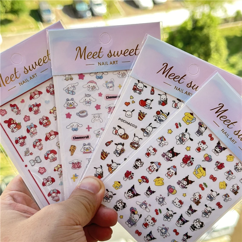 3D Kawaii Sanrioed Nail Stickers 4PCS/1PC Set Hello Kitty Kuromi Melody Cartoon Nail Decals Decoration Supplies Press on Nails