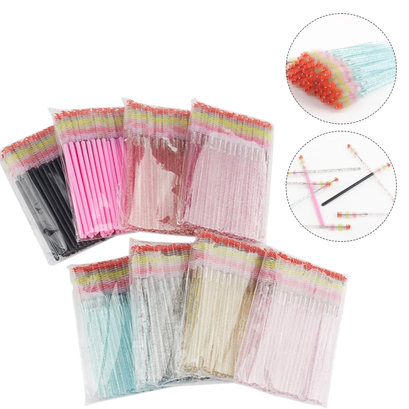 50pcs 레인보우 컬러 속눈썹 브러쉬 눈썹 빗 래쉬 메이크업 브러쉬 Spoolie Microbrush 속눈썹 연장 용품 화장품 도구