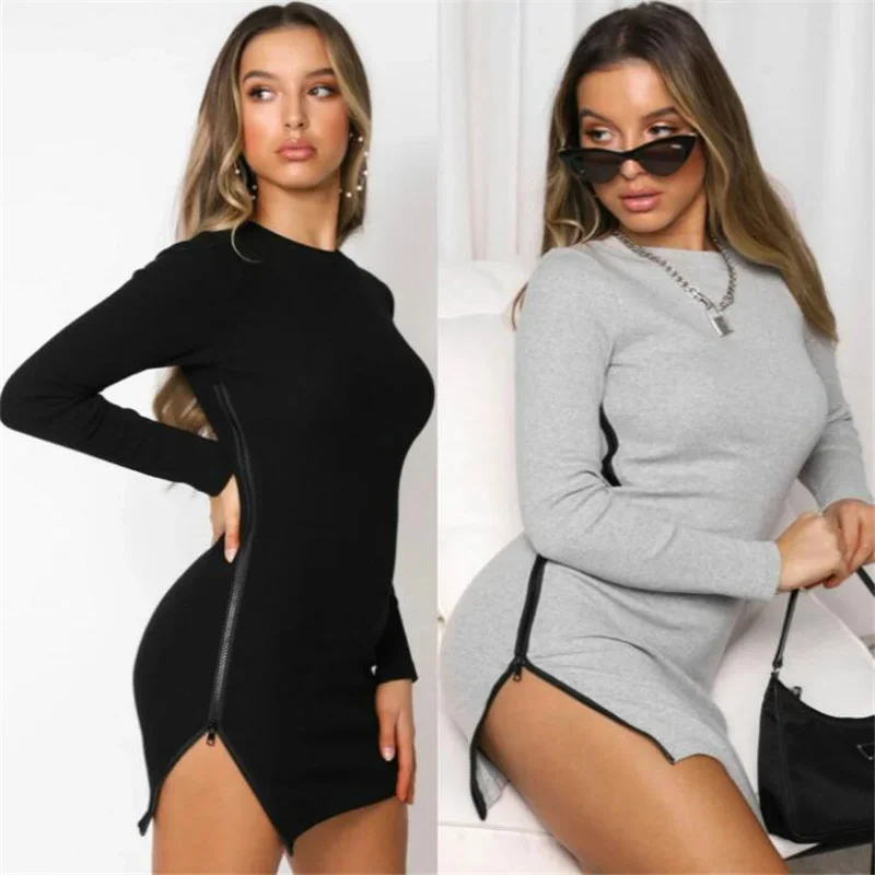 

Women's New Autumn Dress Zipper Split Long Sleeve Slim Fit Bottom Sexy Wrap Hip Dress 2023 Elegant Spring Clothing Mini Dress