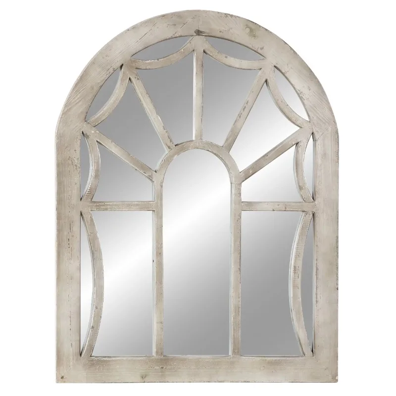 

DecMode 36" x 44" Cream Window Pane Inspired Wall Mirror with Arched Top