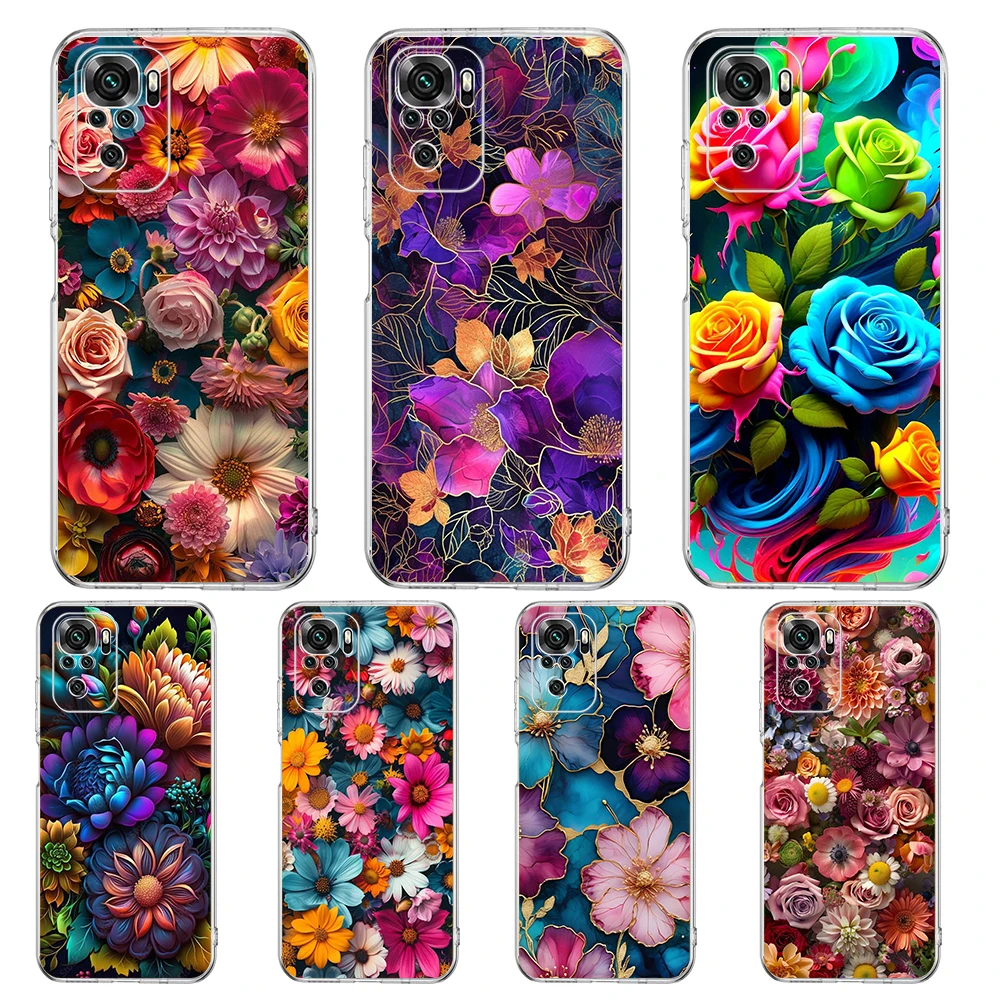 Bunte Blume Transparente Handyhülle für Redmi 13C 12C 10C Note 13 12 11 11T K40 Gaming Plus Pro 4G 5G Soft Cover Shell Capas