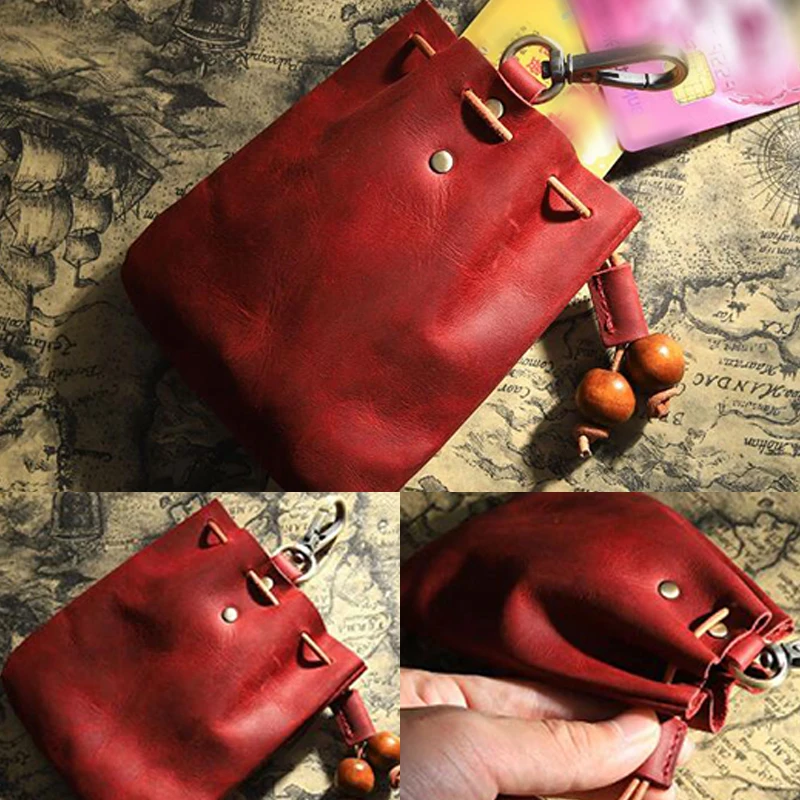 Handmade Genuine Leather Unisex Coin Purse Portable Money Pocket with Metal Hook Retro Drawstring Wallet Storage Bag
